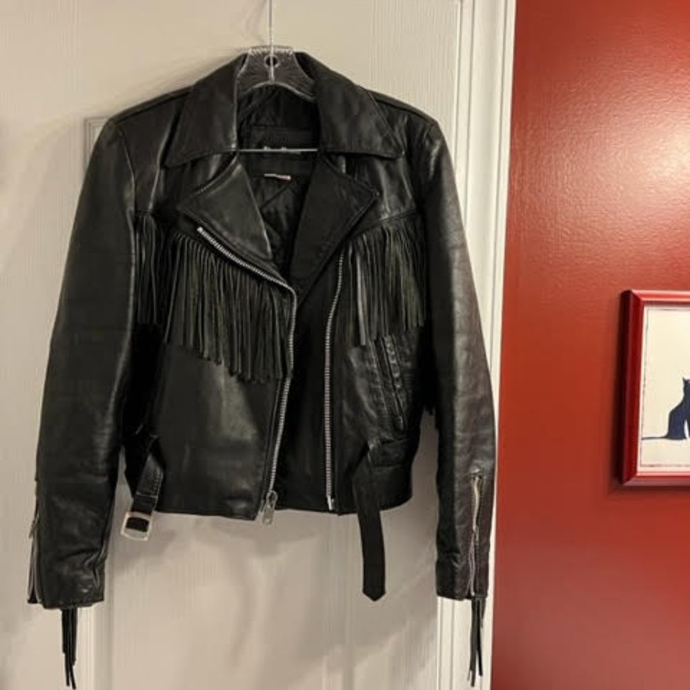 Vintage Heavy Leather Ladies Fringe Biker Jacket